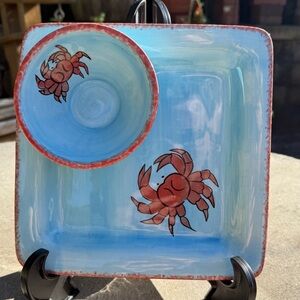 NWT Vintage Cali Pottery Blue and Red Ceramic Crab Chip & Dip Plate and Bowl Set